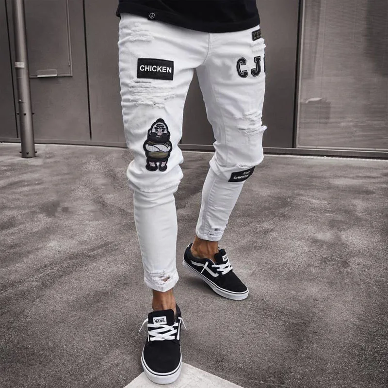 High-Quality Men's Embroidered Skinny Jeans, Ripped Jeans Stretch Slim Fit White Denim Pants Christmas Gift Xmas 1