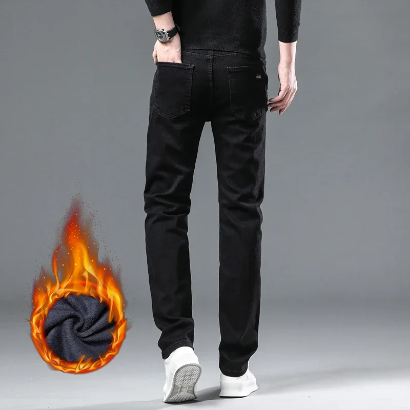 WTHINLEE Winter Men Black Straight Stretch Denim Thick Velvet Pants Warm Jeans Casual Fleece Line Trousers Male Plus Size 5