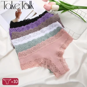 10Pcs Women's Cotton Panties Lace Sexy Brazilian Pants Floral Lace Underwear Trendy Patchwork Briefs Female Soft Underpants M-XL 1
