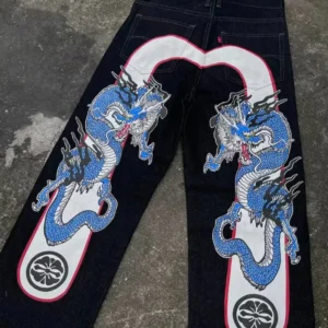 American high street dragon pattern casual retro high-waisted men jeans Y2K new punk hip-hop wide-leg jeans couple loose pants 1