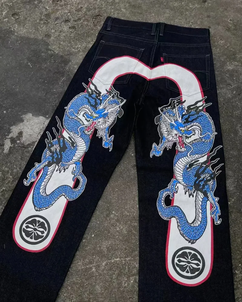 American high street dragon pattern casual retro high-waisted men jeans Y2K new punk hip-hop wide-leg jeans couple loose pants 1