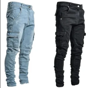 Men Street Elastic Denim Jeans Wash Solid Color Multi Pockets Cargo Pants Casual Slim Fit Daily Wear Joggers Mid Waist Trousers 1