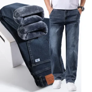Men's Winter Warm Fleece Lined Thick Stretchable Business Casual Jeans Lightweight Trousers for Office And Daily Wear 1