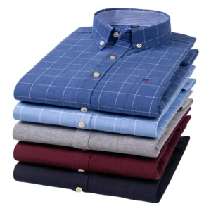 100% Cotton Oxford Men's Shirts Long Sleeves Plaid Soft Regular Fit Formal Dress Shirt Pocket Social Blouse Male Clothes S-7XL 1