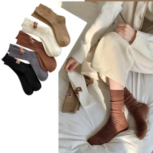 2 Pairs Brand Socks Women Luxury Cashmere Wool Socks Solid Warm Thickened Pile Mid-Calf Socks Casual Embroidered Logo Snow Boot 1