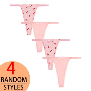 Random 4 pairs of high quality silky cherry print cute bow sexy simple women's Thong lace comfortable girls' underwear 1