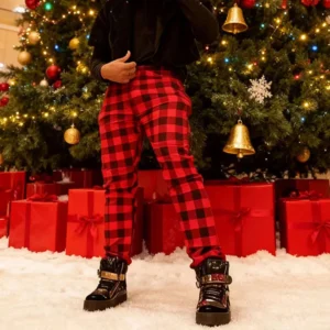 Christmas Plaid Mens Pants Holiday Jeans For Men Casual Stretch Slim Fit Jeans Xmas Trousers 1