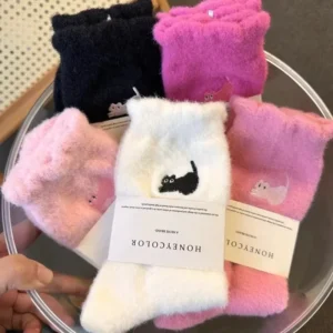 3Pairs Premium Feel Cute Cat Cozy Hairy Mink Velvet Socks Autumn Winter Hosiery Thickened Plush Warm Sleep Home Fluffy Socks 1