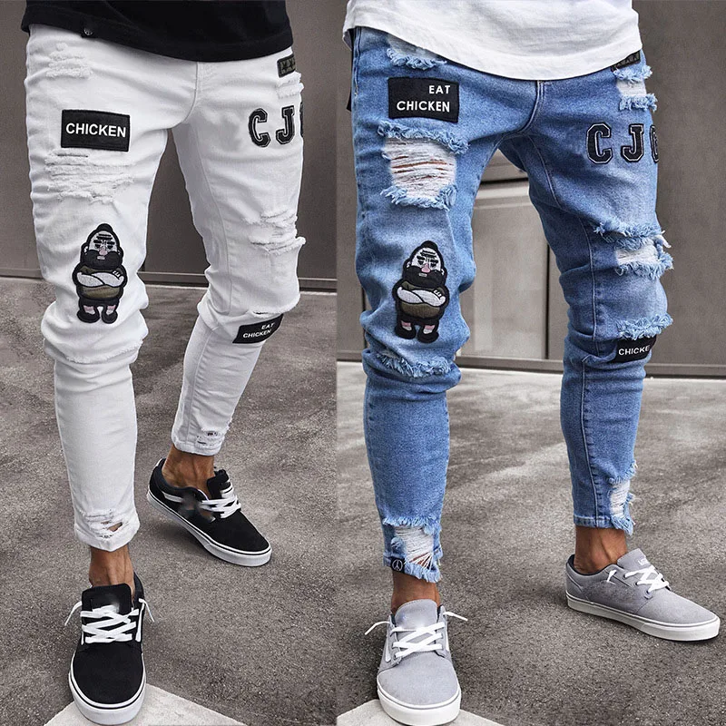 High-Quality Men's Embroidered Skinny Jeans, Ripped Jeans Stretch Slim Fit White Denim Pants Christmas Gift Xmas 6