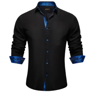 Men's Polyester Cotton Solid Black Shirts Long Sleeve Blue Paisley Patchwork Social Casual Dress Shirt Elegant Men Clothing 1