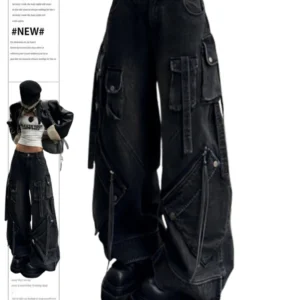 Women's Black Gothic Baggy Cargo Jeans Harajuku Oversize Denim Trousers Y2k 90s Vintage 2000s Emo Jean Pants Trashy Clothes 2024 1