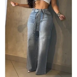 Women's Drilled Straight Leg Jeans Pants 2025 Stylish Baggy Pants Y2k Streetwear Outfit Wide Leg Loose Jeans Ladies Bottoms 1
