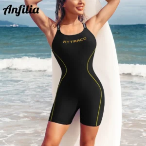Anfilia One Piece Women Sports Swimwear Backless Boxer Conservative Swimsuit Patchwork Beach Wear Bathing Suit 1