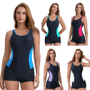 Womens Boyleg Sport One Piece Swimsuit Athletic Swimwear Modest Training Bathing Suit Block Colors Backless Swimwear Beach Cloth 1