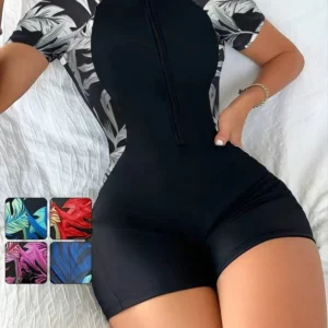 One Piece Floral Swimwear Swim Suit Women Short Sleeve Swimsuit Zip Front Tropical Plant Surfing Sun Protection（No built-in bra 1