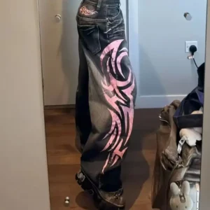 Y2K American Vintage Mottled Totem Print Baggy Jeans Women's High Waist Wide Leg Jeans Women's Harajuku Trendy Hip-hop Jeans 1