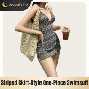 Korean Style Women's Fashionable V-Neck Backless Cross-Tie Design Striped Slim-Fit One-Piece Swimsuit 1