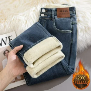 Women Thickened Fleece-Lined Vintage Straight-Leg Jeans High-Waisted Slimming Hip-Hiding Elastic  High Quality Winter Trousers 1