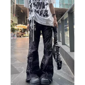 Women's Y2k Baggy Flare Jeans Harajuku Japanese 2000s Style Patchwork Denim Trouser Vintage Oversize Cargo Jeans Pants Clothes 1
