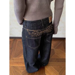 ZHIZOU Women Chic Baggy Embroidery Jeans Grunge Japanese Low Rise Y2K Denim Pants 2000s Aesthetic Harajuku Abi Grunge Cyber Punk 1