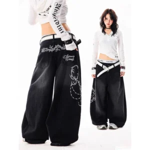YIBASHU Women Vintage Embroidery Y2K Baggy Jeans Female High Waist 2000s Wide Leg Denim Pants American Retro Harajuku Trouser 1