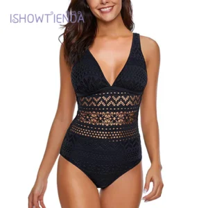2024 Sexy Black Strapped Swimwear Women Push UP Lace Hollow One Piece Swimsuit Monokini Backless Summer Bathing Suit 1