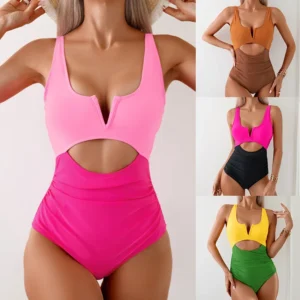 2025 New Summer Swimwear Women Swimsuit One Piece Bathing Suit Square Neck Cutout Back Block Color Beach Wear 1
